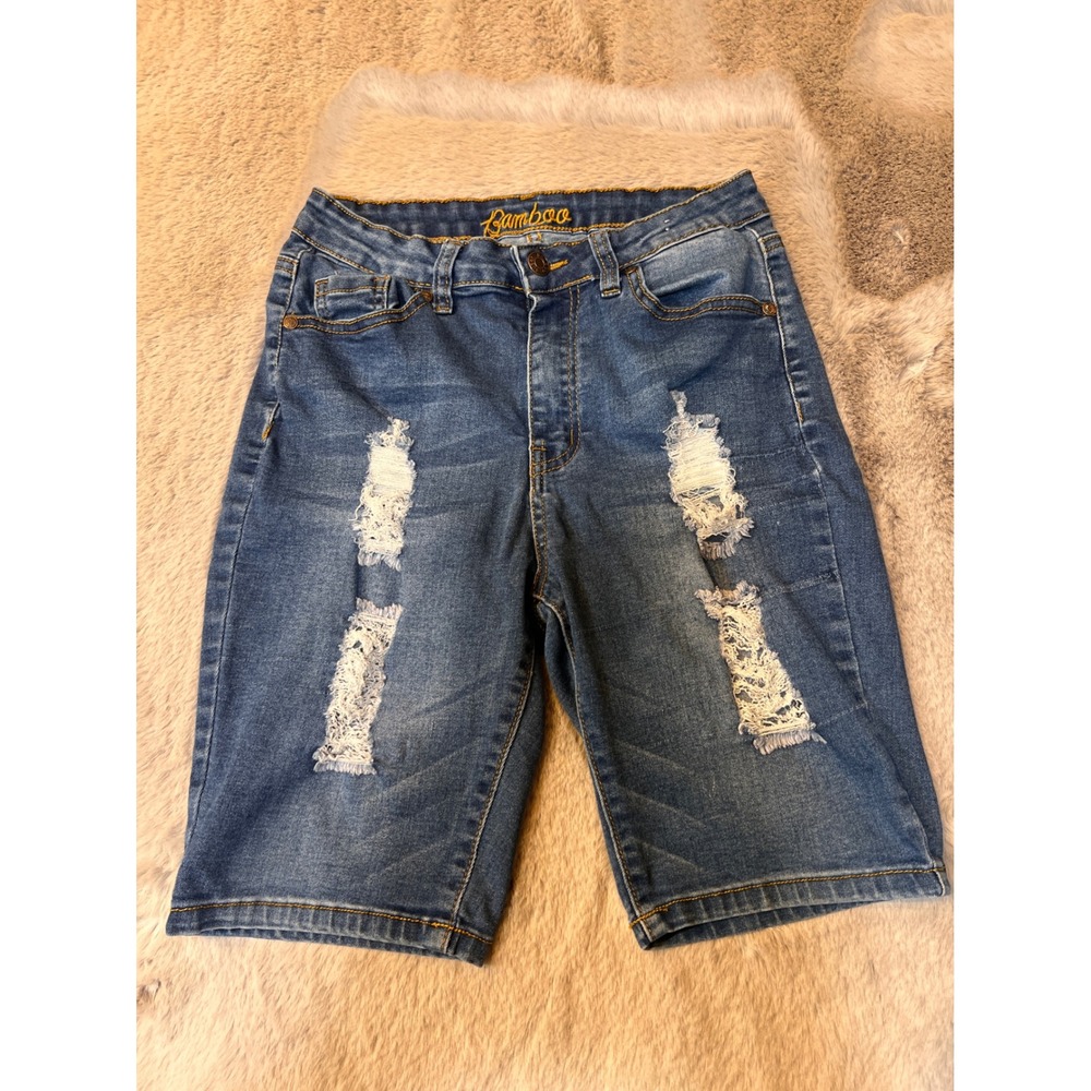 Bamboo Denim Bermuda Shorts Distressed‎ Ripped Stretch Blue Girls Size 9